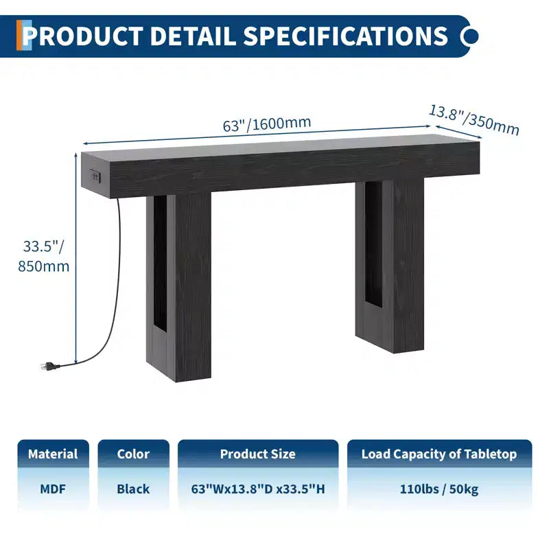 Tavolo Consolle da 160 cm con Presa di Corrente, Tavolo da Divano Extra Lungo con Porte USB e Type-C, Tavolo Stretto per Ingresso, Tavolo per Foyer per Soggiorno