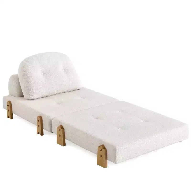 Divano Letto Convertibile in Tessuto Teddy, Poltrona Ottomana Pieghevole da Terra Trapuntata con Cuscino e Gambe in Legno Massello, Beige
