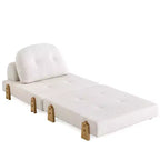Divano Letto Convertibile in Tessuto Teddy, Poltrona Ottomana Pieghevole da Terra Trapuntata con Cuscino e Gambe in Legno Massello, Beige