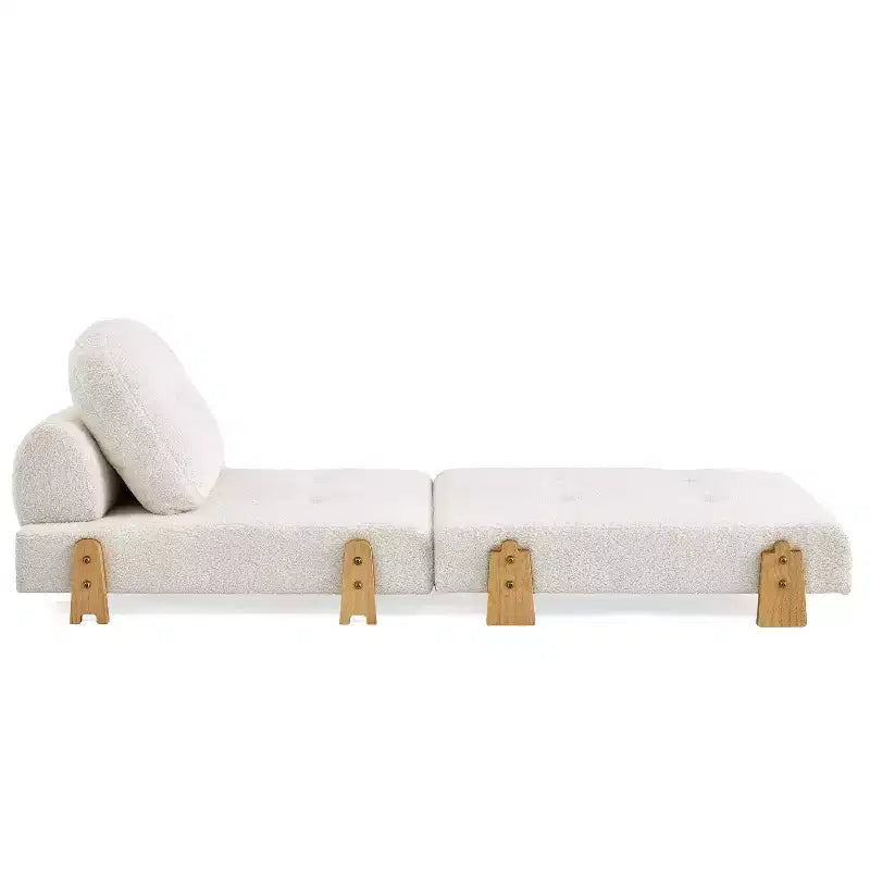 Divano Letto Convertibile in Tessuto Teddy, Poltrona Ottomana Pieghevole da Terra Trapuntata con Cuscino e Gambe in Legno Massello, Beige