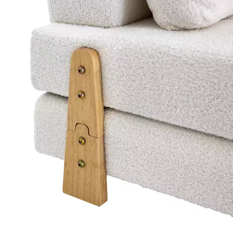 Divano Letto Convertibile in Tessuto Teddy, Poltrona Ottomana Pieghevole da Terra Trapuntata con Cuscino e Gambe in Legno Massello, Beige