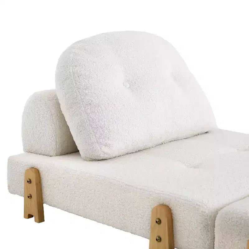 Divano Letto Convertibile in Tessuto Teddy, Poltrona Ottomana Pieghevole da Terra Trapuntata con Cuscino e Gambe in Legno Massello, Beige