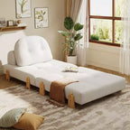 Divano Letto Convertibile in Tessuto Teddy, Poltrona Ottomana Pieghevole da Terra Trapuntata con Cuscino e Gambe in Legno Massello, Beige