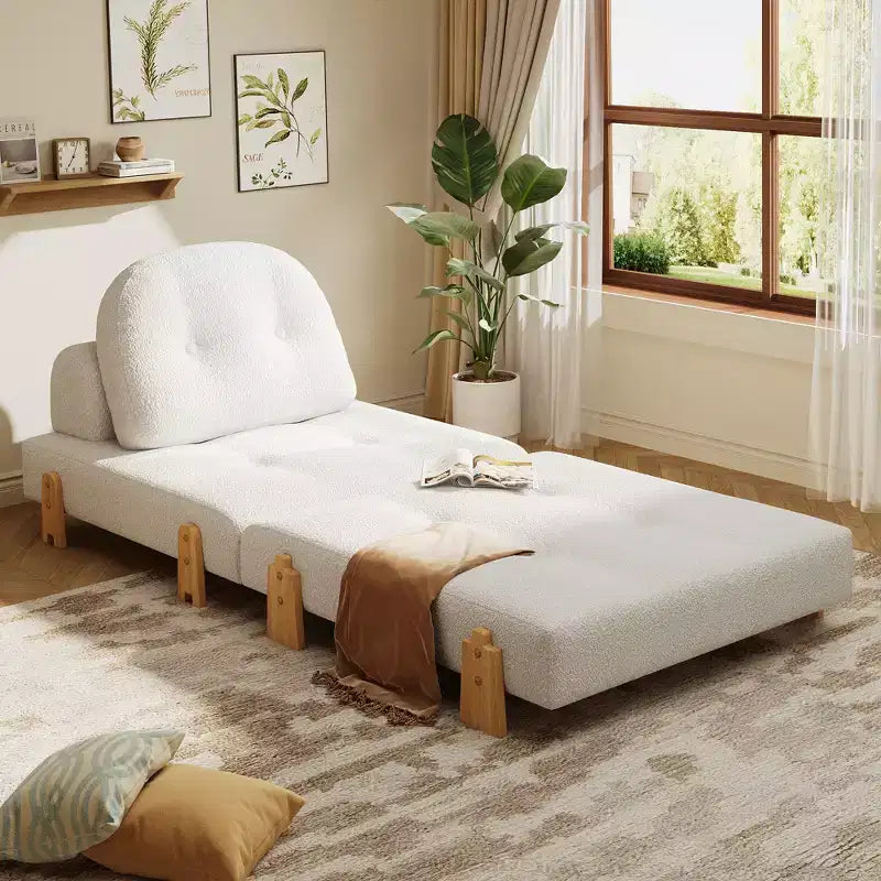 Divano Letto Convertibile in Tessuto Teddy, Poltrona Ottomana Pieghevole da Terra Trapuntata con Cuscino e Gambe in Legno Massello, Beige