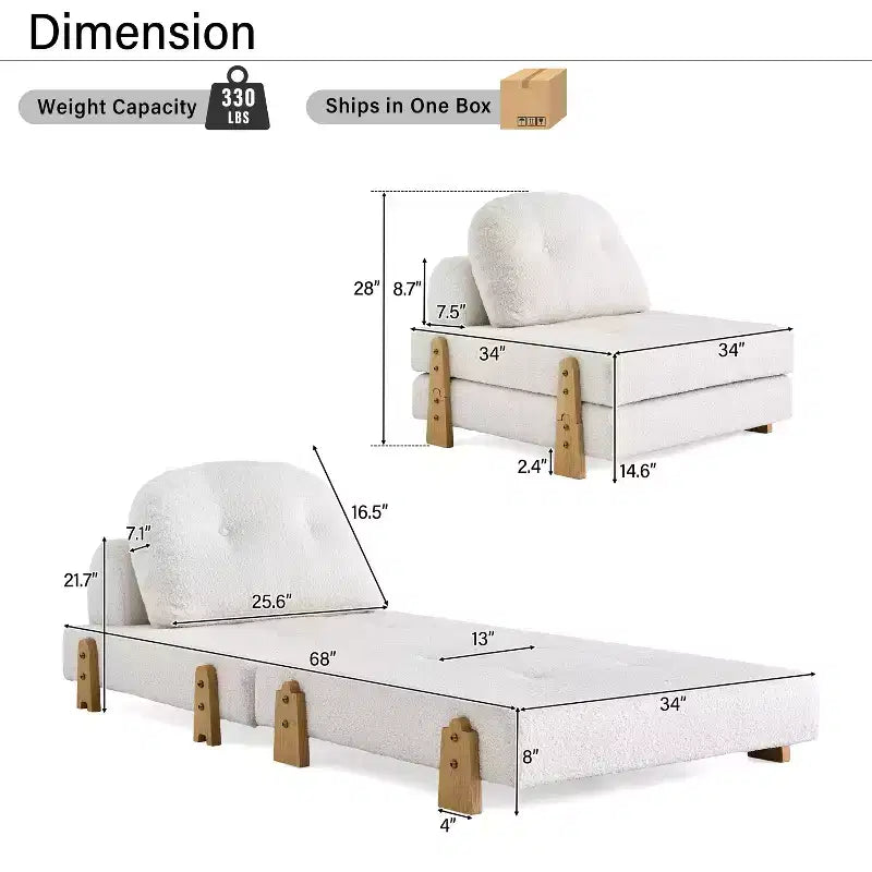 Divano Letto Convertibile in Tessuto Teddy, Poltrona Ottomana Pieghevole da Terra Trapuntata con Cuscino e Gambe in Legno Massello, Beige