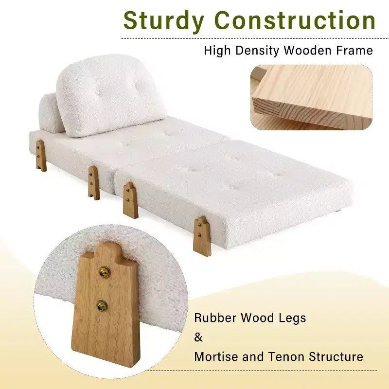 Divano Letto Convertibile in Tessuto Teddy, Poltrona Ottomana Pieghevole da Terra Trapuntata con Cuscino e Gambe in Legno Massello, Beige