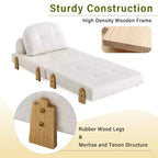 Divano Letto Convertibile in Tessuto Teddy, Poltrona Ottomana Pieghevole da Terra Trapuntata con Cuscino e Gambe in Legno Massello, Beige