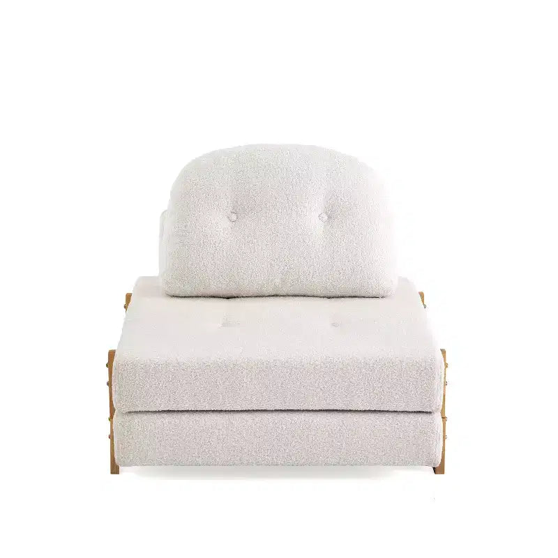 Divano Letto Convertibile in Tessuto Teddy, Poltrona Ottomana Pieghevole da Terra Trapuntata con Cuscino e Gambe in Legno Massello, Beige