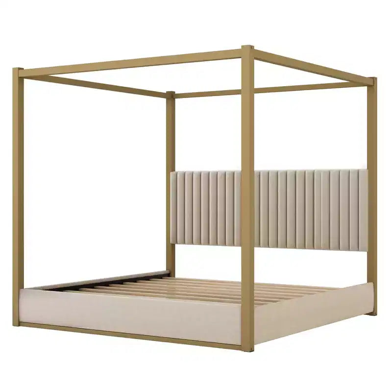 Letto a baldacchino moderno king size con testiera imbottita e struttura in metallo
