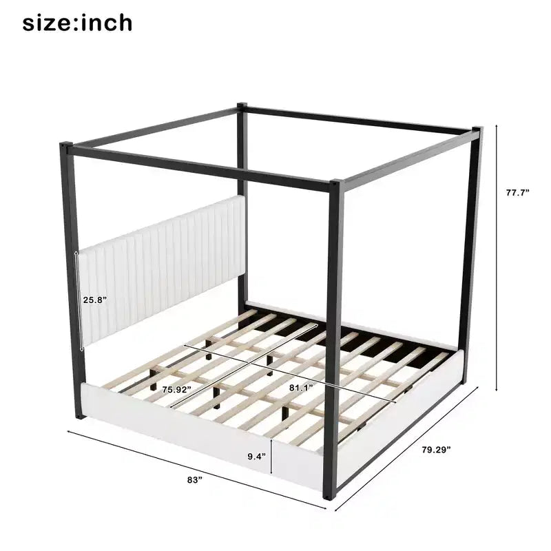 Letto a baldacchino moderno king size con testiera imbottita e struttura in metallo