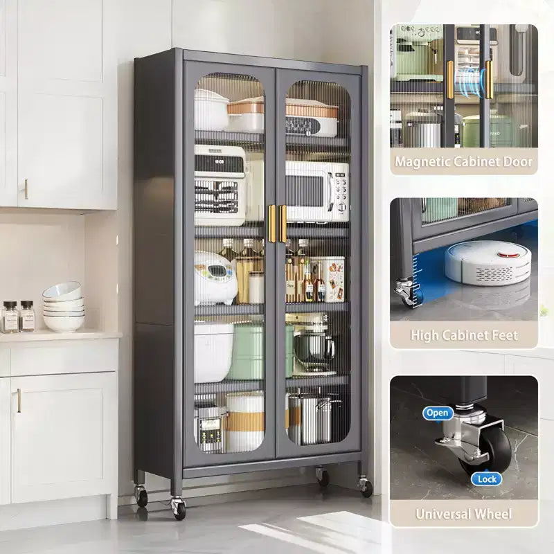 Armadio dispensa da cucina 65", mobile contenitore in metallo a 6 livelli con anta trasparente, per cucina, soggiorno e sala da pranzo, grigio
