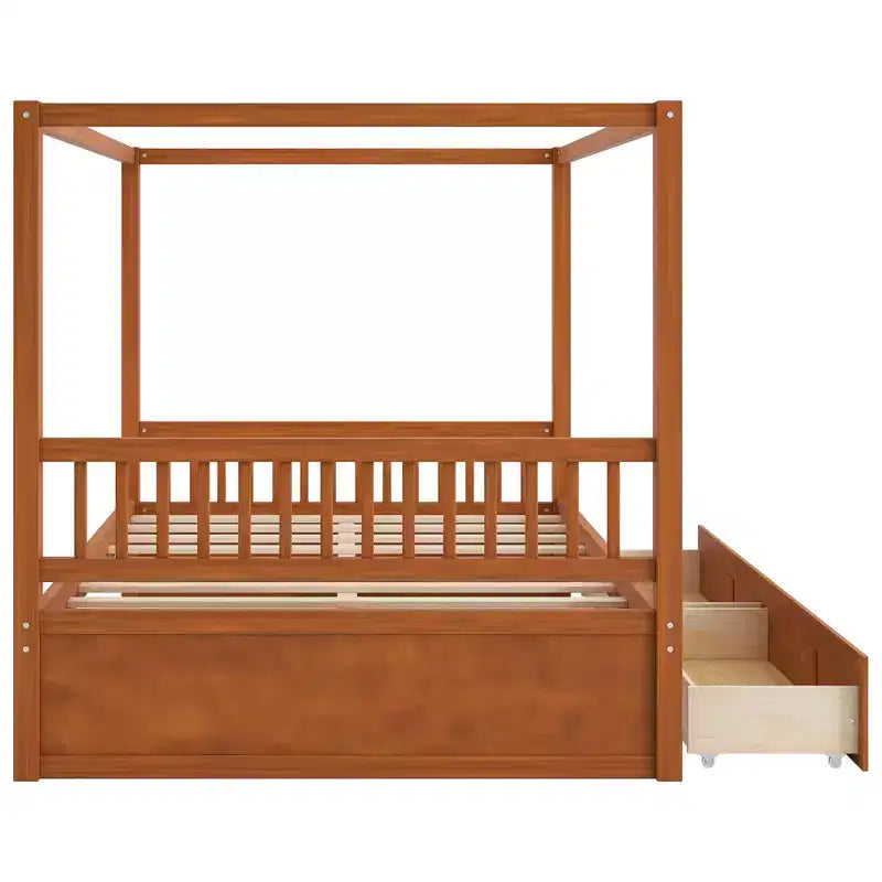 Letto a baldacchino rustico in legno con cassetti contenitore
