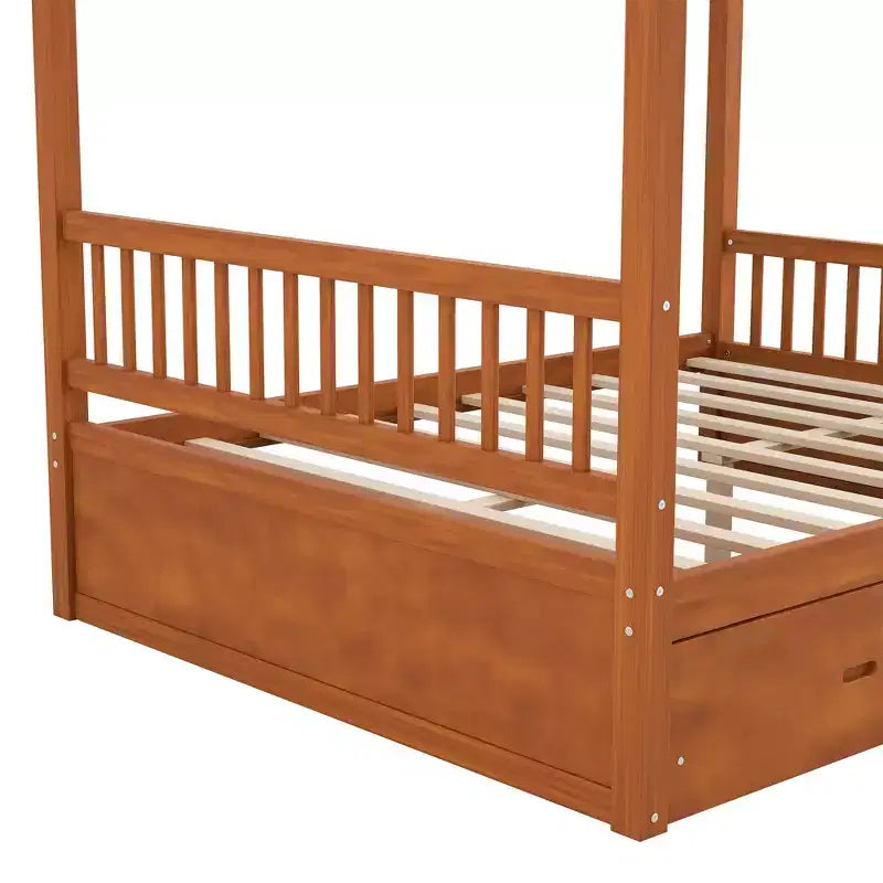 Letto a baldacchino rustico in legno con cassetti contenitore