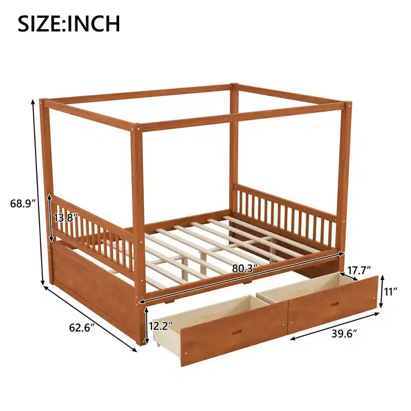 Letto a baldacchino rustico in legno con cassetti contenitore