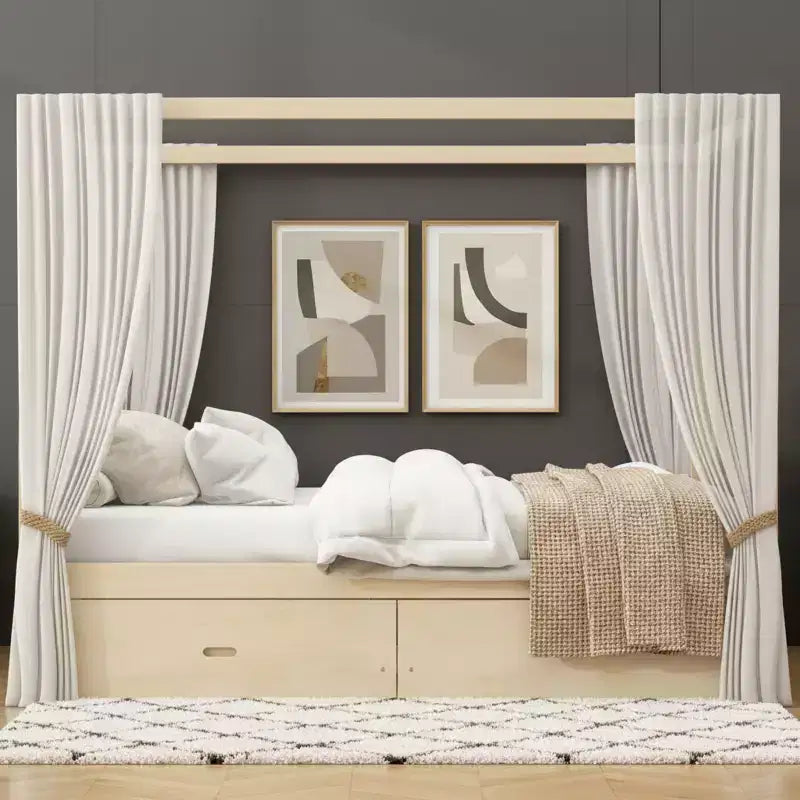 Letto a baldacchino rustico in legno con cassetti contenitore