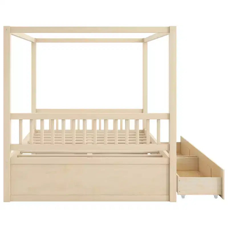 Letto a baldacchino rustico in legno con cassetti contenitore