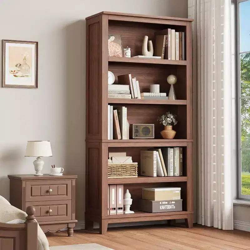 Scaffale da fattoria 71" con ripiani regolabili e larghezza 31.5", libreria alta a 5 ripiani con gambe in legno, scaffale rustico per soggiorno e ufficio