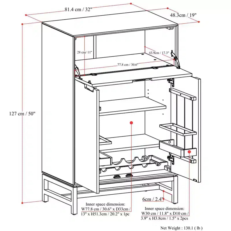 Mobile bar industriale moderno rettangolare in legno massello, noce marrone, larghezza 81 cm