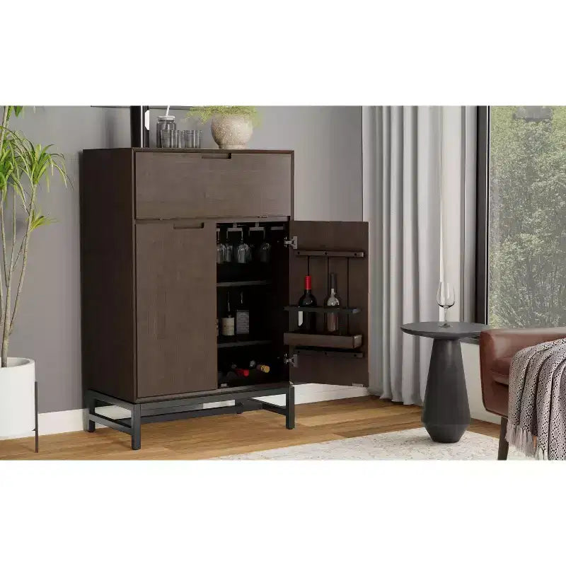 Mobile bar industriale moderno rettangolare in legno massello, noce marrone, larghezza 81 cm