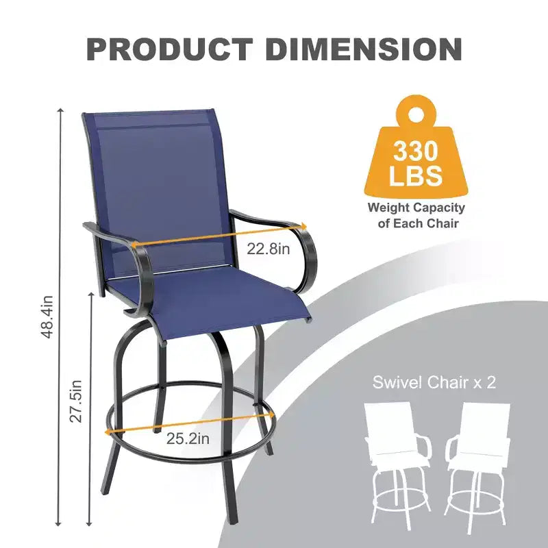 Set di 2 sgabelli da bar girevoli a 360° per patio, sedie alte da esterno con schienale e braccioli, struttura in metallo resistente alle intemperie per terrazza, prato, giardino