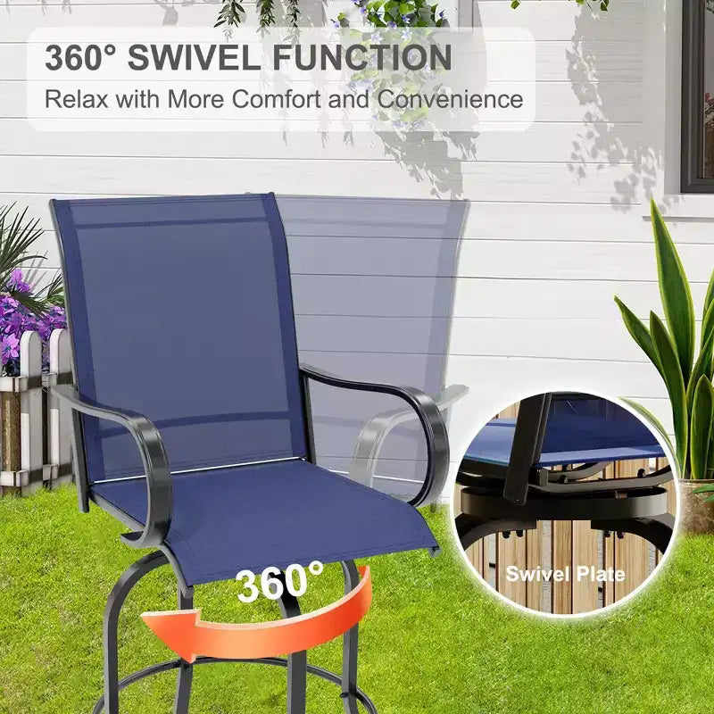 Set di 2 sgabelli da bar girevoli a 360° per patio, sedie alte da esterno con schienale e braccioli, struttura in metallo resistente alle intemperie per terrazza, prato, giardino