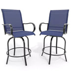 Set di 2 sgabelli da bar girevoli a 360° per patio, sedie alte da esterno con schienale e braccioli, struttura in metallo resistente alle intemperie per terrazza, prato, giardino