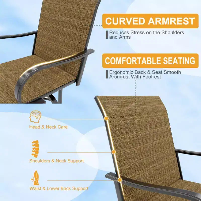Set di 2 sgabelli da bar girevoli a 360° per patio, sedie alte da esterno con schienale e braccioli, struttura in metallo resistente alle intemperie per terrazza, prato, giardino