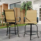 Set di 2 sgabelli da bar girevoli a 360° per patio, sedie alte da esterno con schienale e braccioli, struttura in metallo resistente alle intemperie per terrazza, prato, giardino