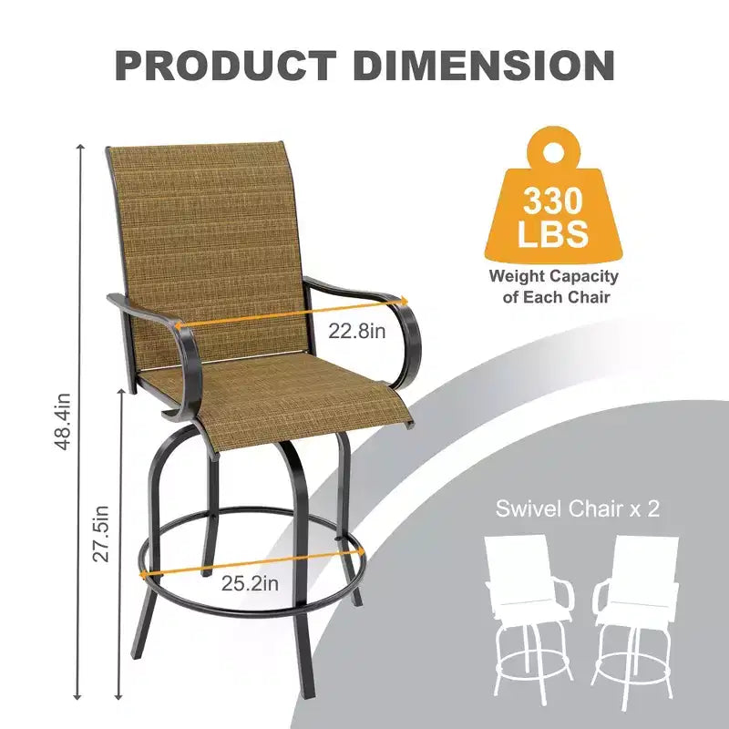 Set di 2 sgabelli da bar girevoli a 360° per patio, sedie alte da esterno con schienale e braccioli, struttura in metallo resistente alle intemperie per terrazza, prato, giardino