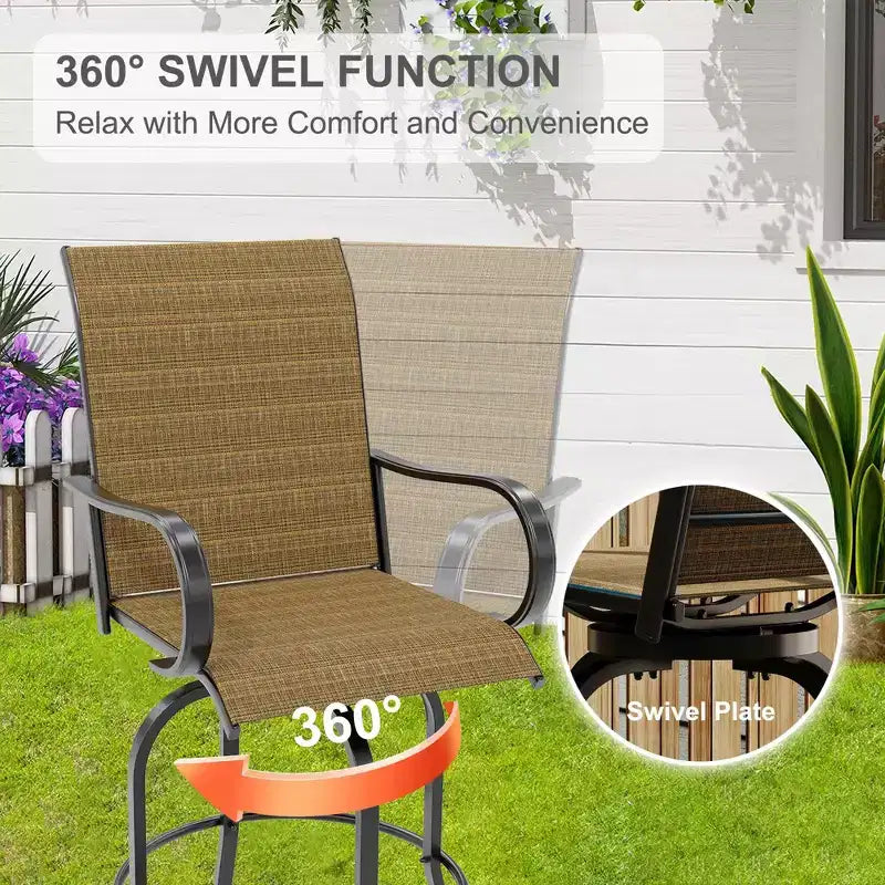 Set di 2 sgabelli da bar girevoli a 360° per patio, sedie alte da esterno con schienale e braccioli, struttura in metallo resistente alle intemperie per terrazza, prato, giardino