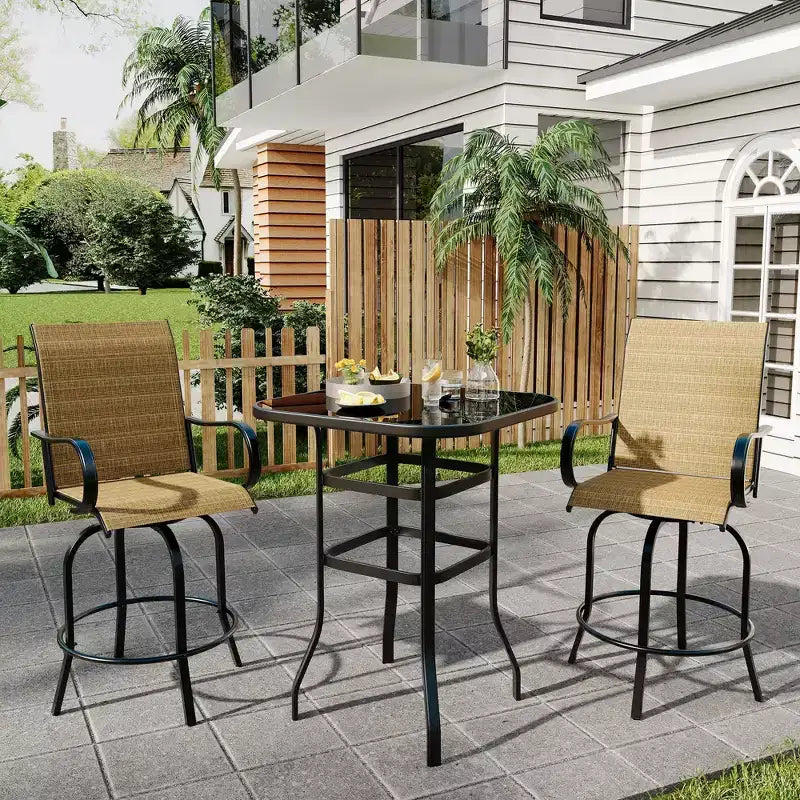 Set di 2 sgabelli da bar girevoli a 360° per patio, sedie alte da esterno con schienale e braccioli, struttura in metallo resistente alle intemperie per terrazza, prato, giardino